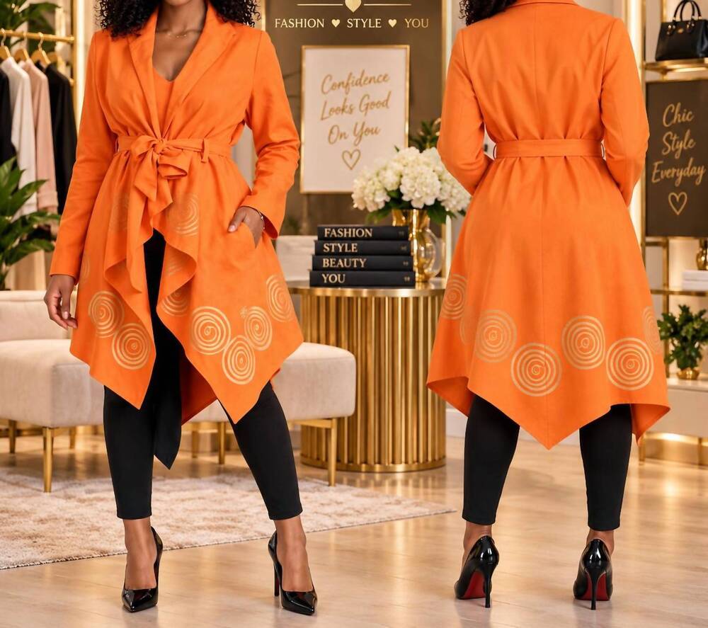 NEW STEP IN STYLE artisan spiral belted statement jacket in orange gold